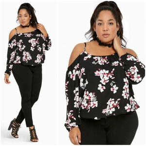 Torrid Floral Butterfly Print Georgette Cold Shoulder Top Plus Size 2 2X 18 20